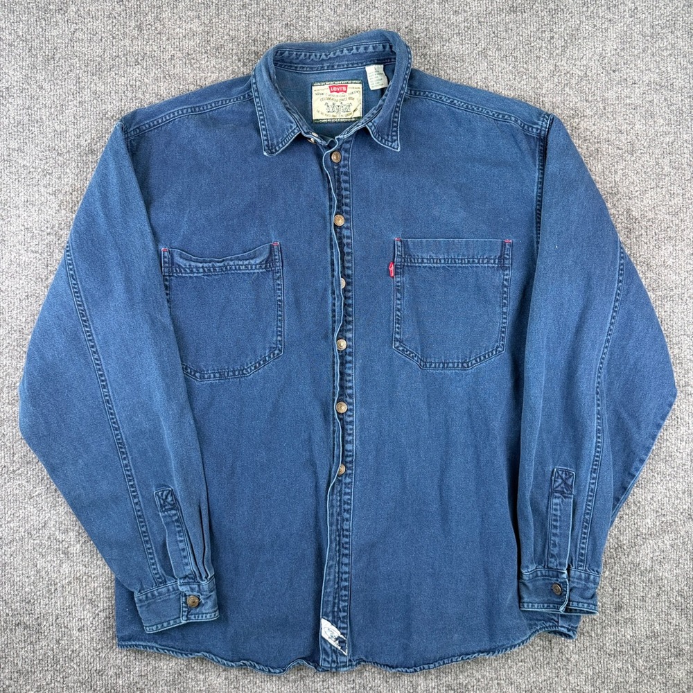 Vintage Levis Denim Shirt Mens L Blue Long Sleeve Metal Buttons Utility 90s